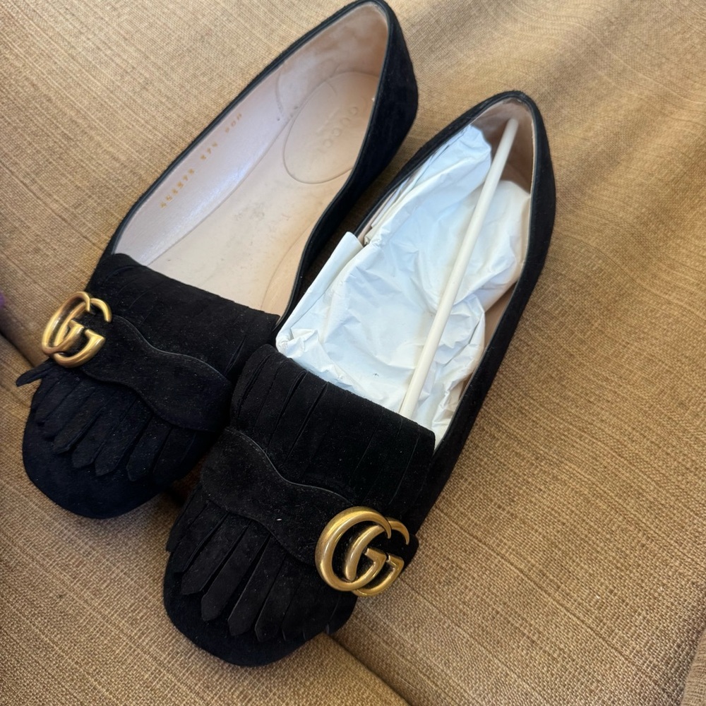 Gucci Black and Gold Velvet Flats with Iconic GG Emblem